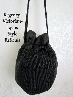 BAG, VICTORIAN RETICULE STYLE COSTUME ACCESSORY DRAWSTRING PURSE, BLACK CAPARROS